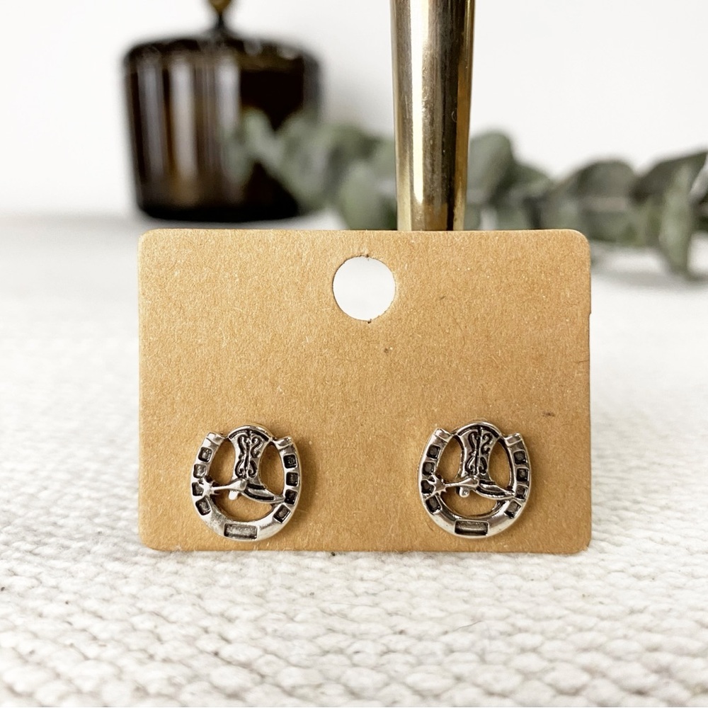 NEW Western Horseshoe Cowboy Boots stud Earrings Antique Silver color Boutique